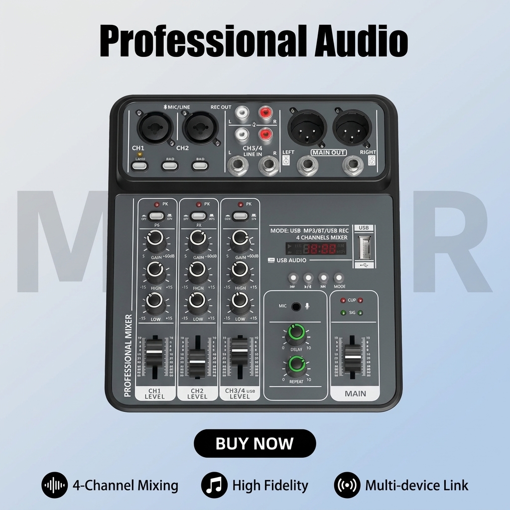 Audio Music Dj - 4-Kanal Pro-Audio-Mischpult, 48V Phantomspeisung, USB/Bluetooth, DJ-Mixer